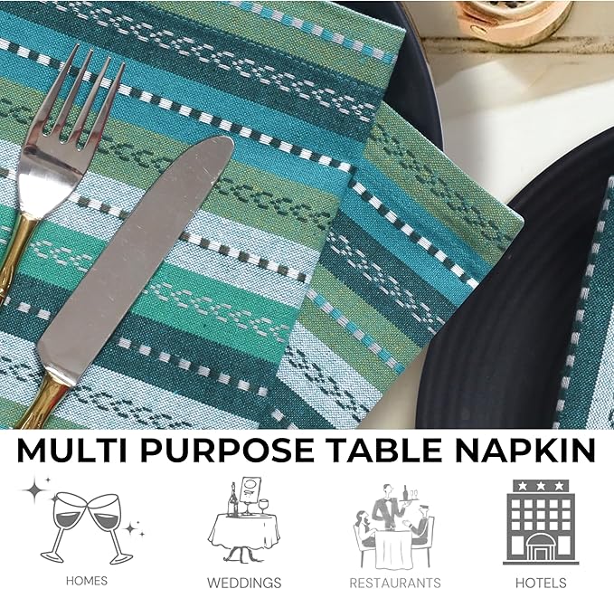 Homidate Cotton Cloth Dinner Napkins Set of 12 – 18x18 Green Multi Salsa Stripe – Durable Machine Washable Fabric Napkins for Weddings, Restaurants, Kitchen & Everyday Dining