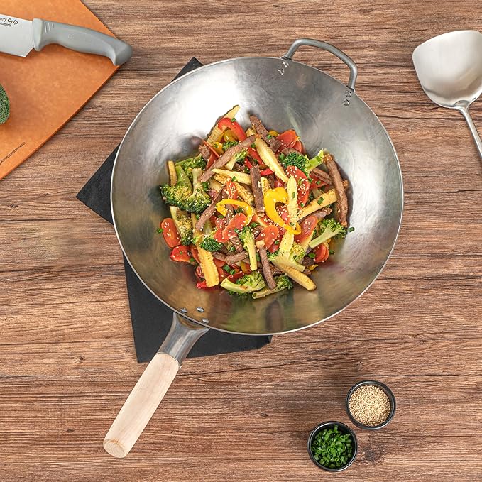Motomori 14 Inch Hand-Hammered Carbon Steel Woks, 10 Traditional Japanese Woks - Round Bottom, Wooden Handle, Black Carbon Steel Traditional Stir Fry Pans, With Helper Handle - Restaurantware