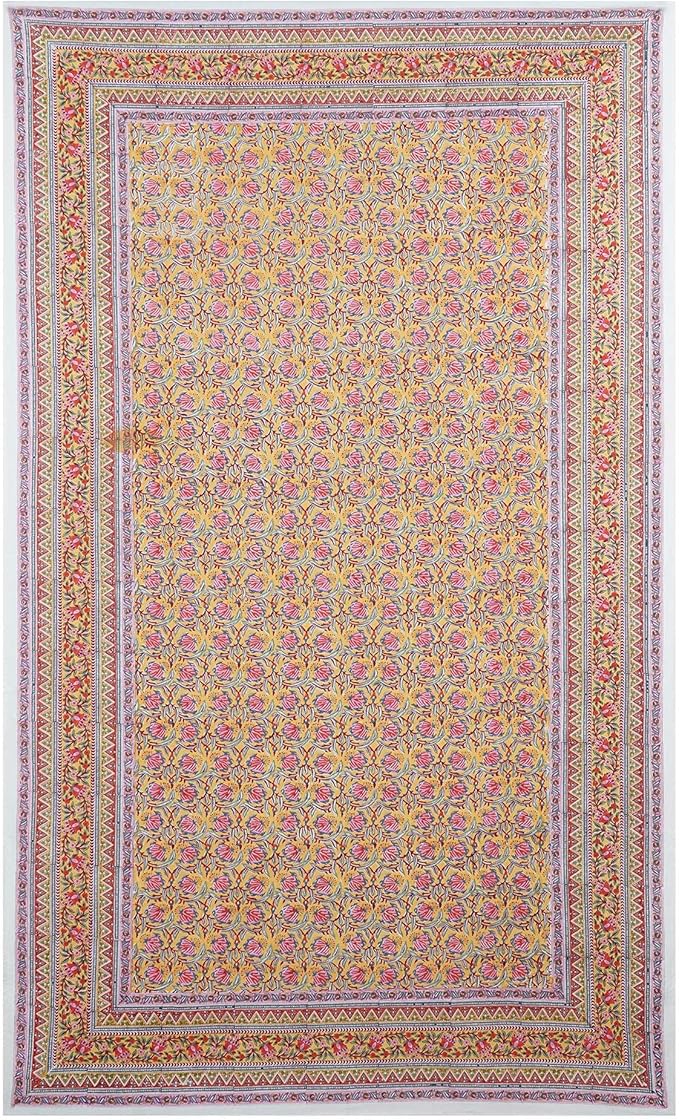 Handblock Print Cotton Tablecloth – 72x108 Rectangular Table Cover Seats 6–8 – Indian Block Printed Floral Dining Table Linen – Boho Washable Cloth for Kitchen, Party, Outdoor, Yellow