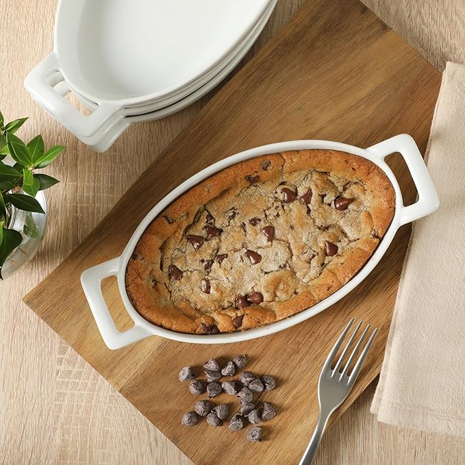 Gibson Home Gracious Dining Oval Au Gratin Baking Dishes, 4-Piece Set – 15 oz Oven Safe Ceramic Small Casserole Dishes with Handles, Microwave & Dishwasher Safe Mini Bakeware, White