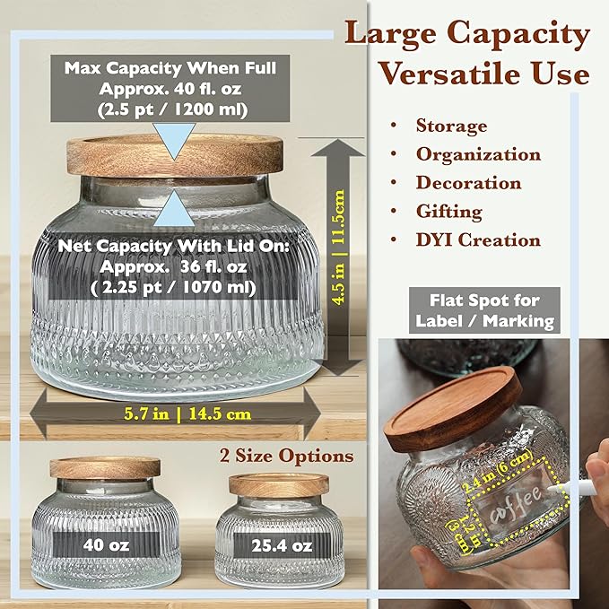 Decorative Glass Jar with Airtight Wooden Lid 40 oz, Ribbed Wide Mouth Vintage Kitchen Food Storage Container for Cookie Candy Honey Flour Spice Coffee Tea, Home Decor Sand Candle Holder Vase
