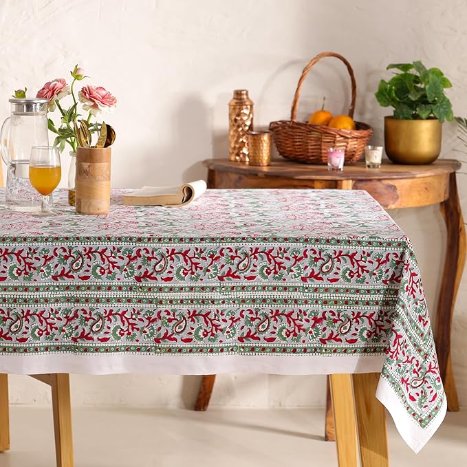 Hand Block Printed Table Cover - Exquisite Design, Premium Cotton Fabric, Perfect for Dining and Decor, Dining Table Linen (Stone Green Blossom, 6 Seater 60 x 90 Inches Rectangle)