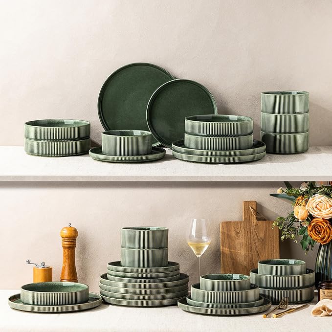 GBHOME 24-Piece Stoneware Dinnerware Set for 8 – Ribbed Ceramic Plates and Bowls, Scratch-Resistant, Microwave & Dishwasher Safe, Reactive Glaze, Dark Green