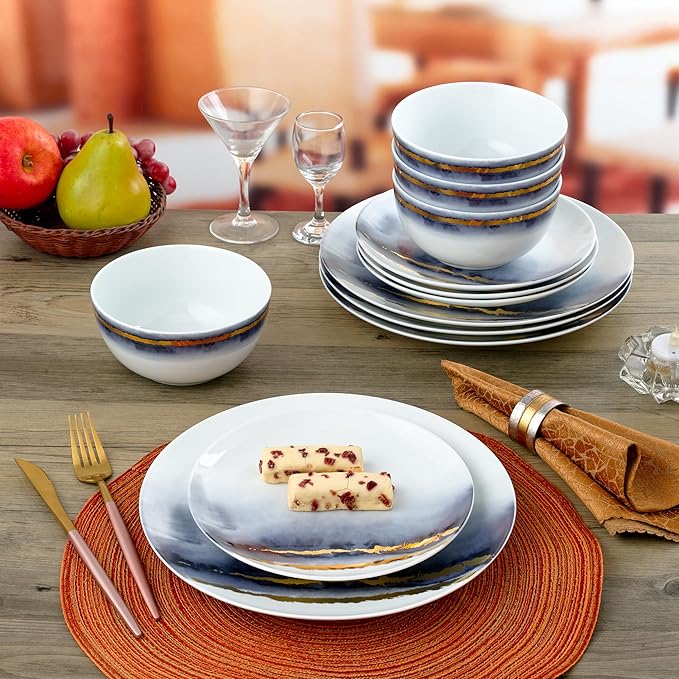 Joseph Sedgh Collection “Lazuli” 12-Piece Porcelain Dinnerware Set, Service for 4, Blue and Gold
