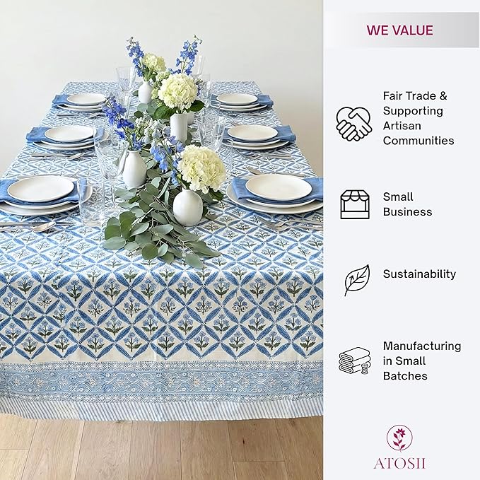 ATOSII Netta Blue 100% Cotton Rectangle Summer Tablecloth, Handblock Floral Print Linen Table Cloth for Kitchen Dining I Parties, Weddings, Outdoors, Decor 60 X 108 Inches, 8 Seater