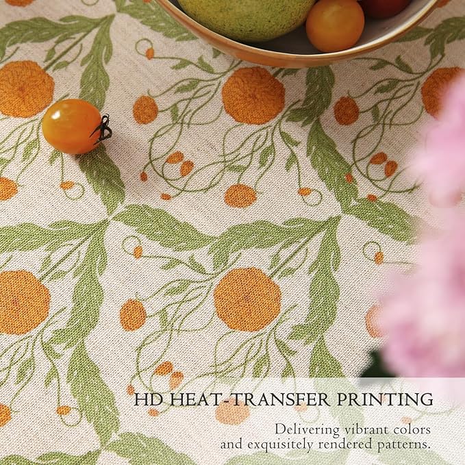 French Linen Tablecloth Square, Vintage Block Print Table Cloth, Waterproof Table Cover for Picnic Dining Party Wedding, Marigold Orange, 55x55''