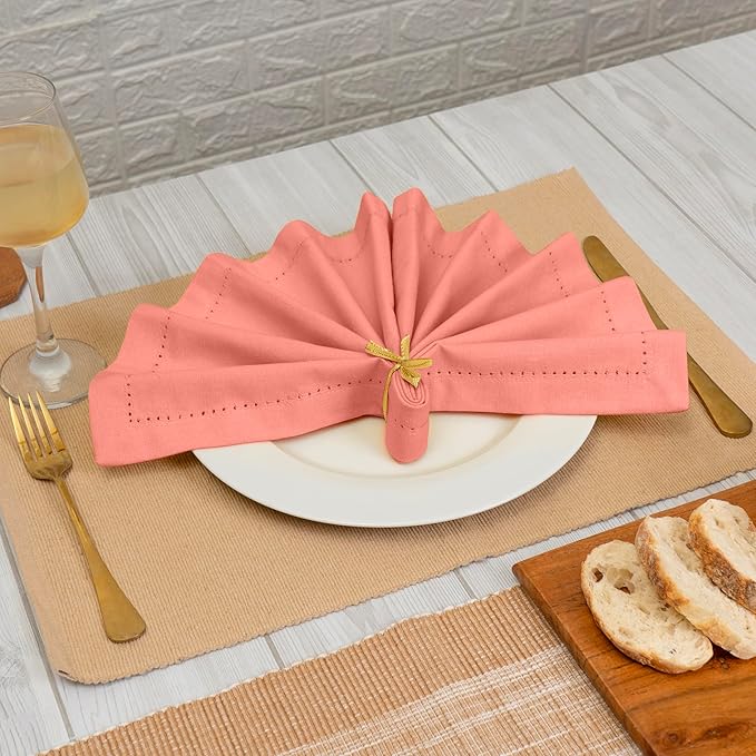 Blue Needles Set of 12 Hemstitch Linen Napkins 100% Cotton Salmon Cloth Dinner Napkins 18x18 inches, Soft, Reusable, Absorbent, Washable, Ideal for Wedding Events, Parties & Everyday Use