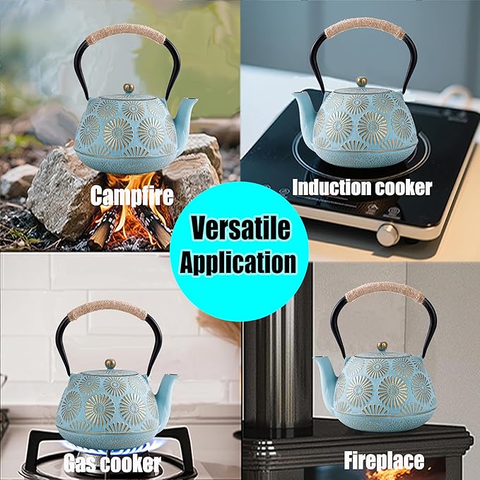 Japanese Tetsubin Cast Iron Teapot, 40oz (1200ml) Enamel-Coated Stovetop Kettle with Stainless Steel Infuser & Heat-Resistant Handle, Traditional Iron Pot for Tea Ceremony (blue and gold)