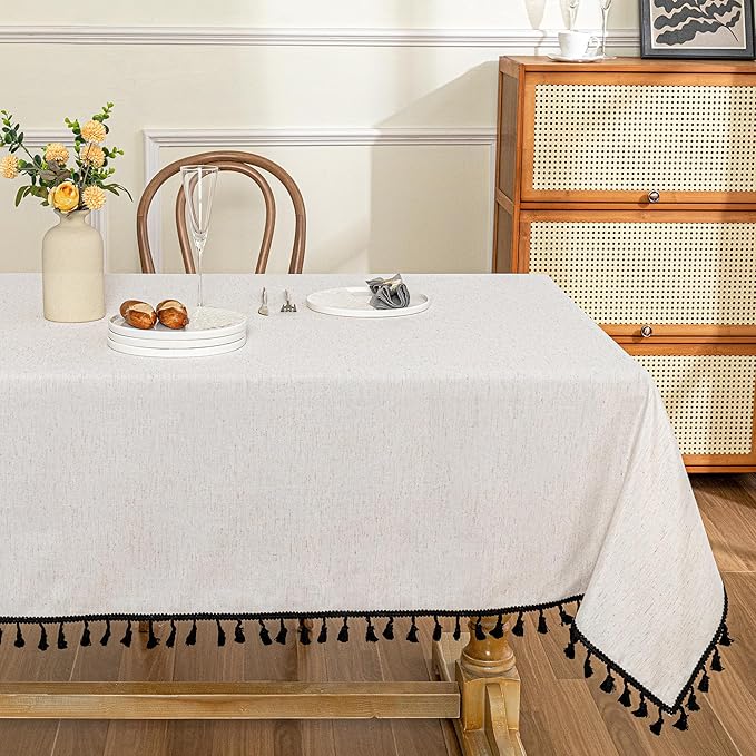 MYSKY HOME Table Cloth 60x120 in Rectangle, Heavy Duty Cotton Tassel Linen Look Waterproof Tablecloths Farmhouse Tablecloth, Wrinkle Free Table Cover with Black Tassels for Kitchen Dining, Party