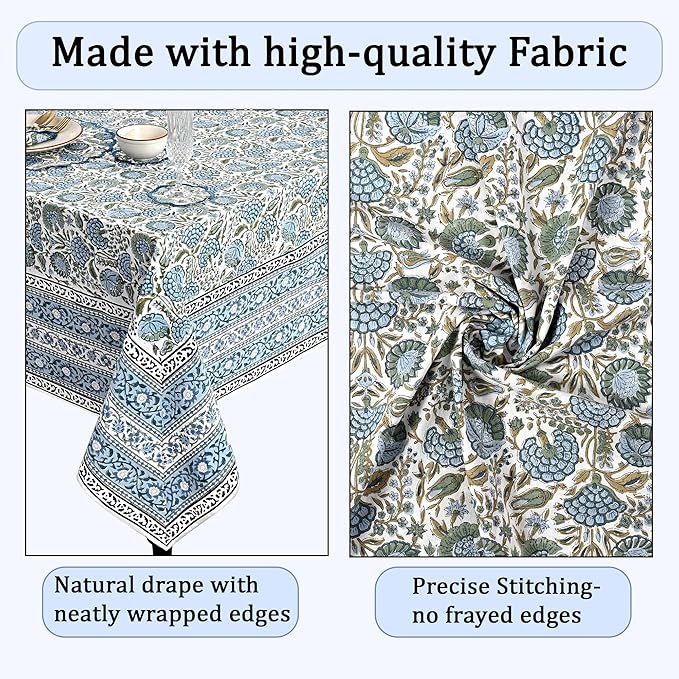 Ridhi Hand Block Print Asparagus Green Rectangle Cotton Tablecloth 190" x 72" Reusable Table Cover Decorative Everyday Use for Dining, Farmhouse, Home Gift for Spring, Easter, Valentine