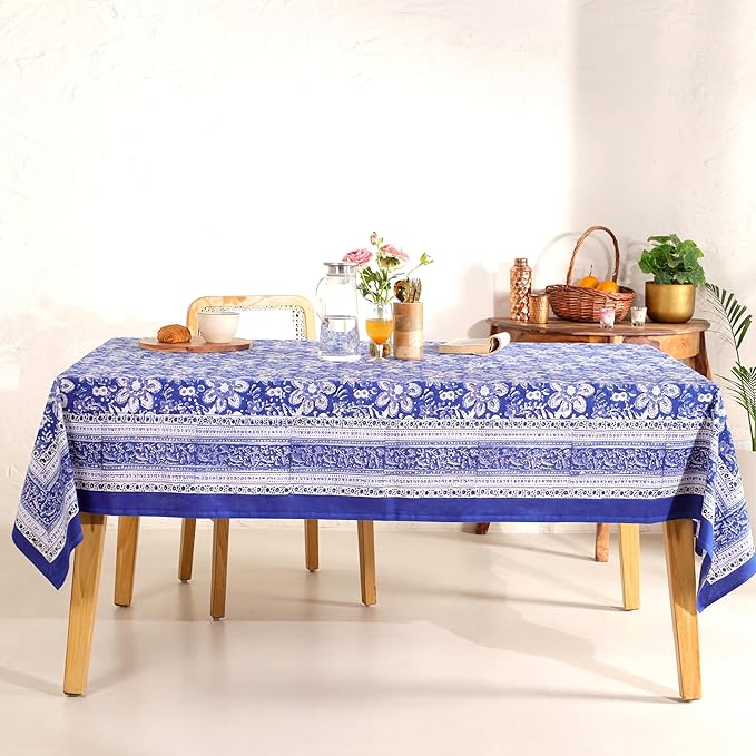 Hand Block Printed Table Cover - Exquisite Design, Premium Cotton Fabric, Perfect for Dining and Decor, Dining Table Linen (Blue Petal Harmony, 6 Seater 60 x 90 Inches Rectangle)