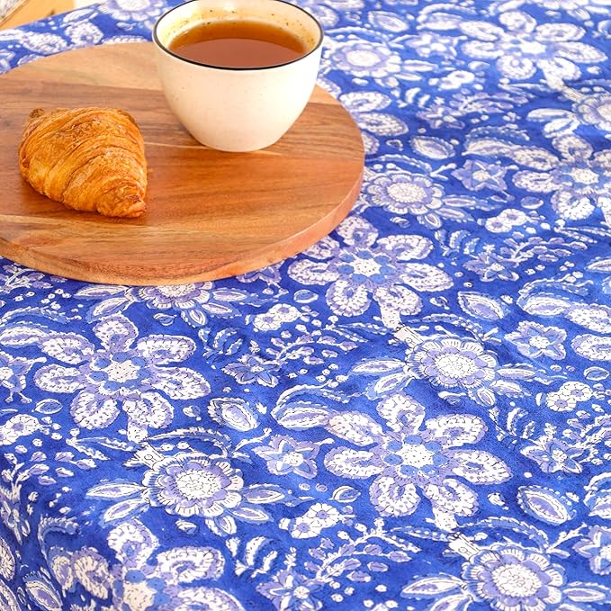 Hand Block Printed Table Cover - Exquisite Design, Premium Cotton Fabric, Perfect for Dining and Decor, Dining Table Linen (Blue Petal Harmony, 6 Seater 60 x 90 Inches Rectangle)