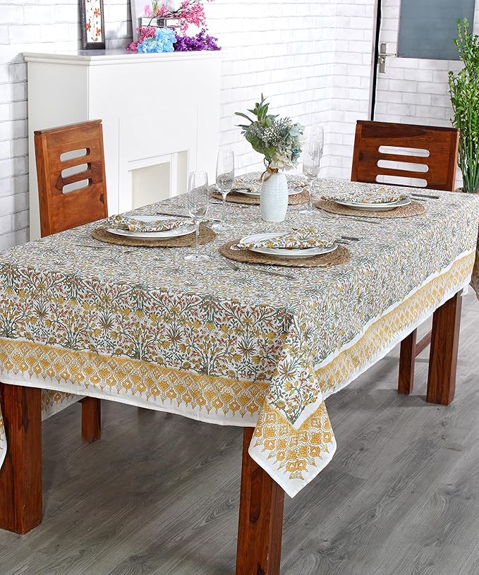 Ridhi Hand Block Print Goldenrod Yellow Rectangle Cotton Tablecloth 190" x 72" Reusable Table Cover Decorative Everyday Use for Dining, Farmhouse, Home Gift for Spring, Easter, Valentine