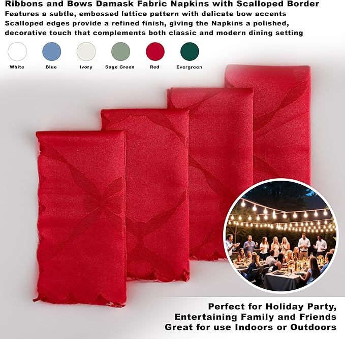 Newbridge Valentines Day Square Napkin, Set of 4 Napkins, Ribbons and Bows Damask, Wrinkle and Stain Resistant Square Napkins, Holiday Red