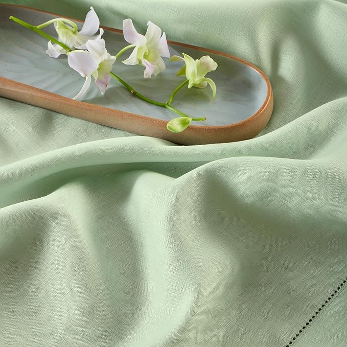 Solino Home Linen Tablecloth for Rectangle Tables 60 x 120 Inch - Classic Hemstitch 100% Pure Linen Light Green Table Cloth - Machine Washable Cloth Tablecloth for Spring, St Patricks Day, Easter