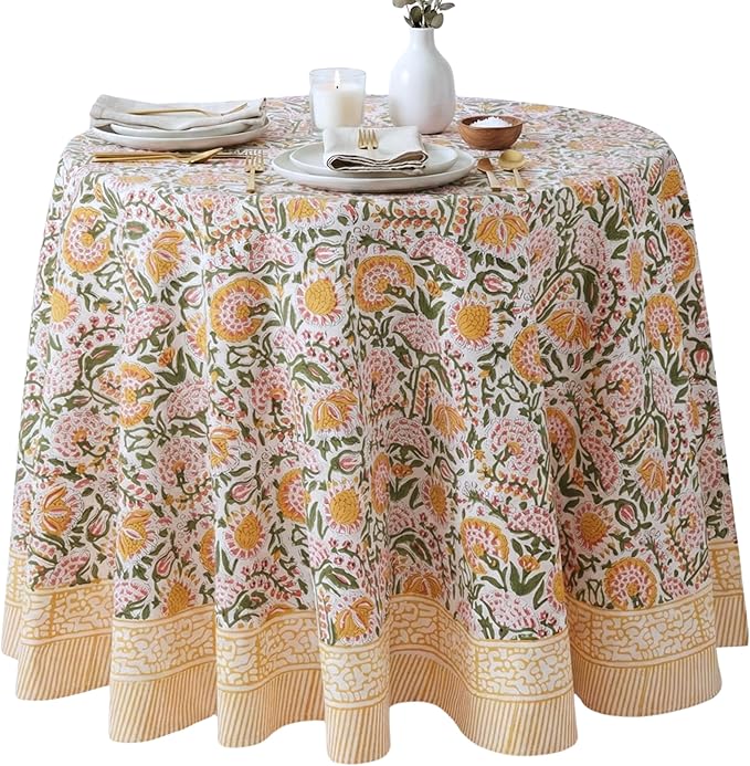 ATOSII Clover Yellow 100% Cotton Round Tablecloth, Handblock Print Floral Table Cloth for Kitchen Dining Linen I Parties, Weddings, Outdoors, Christmas, Thanksgiving I Fall Home Decor 72" Inches Round
