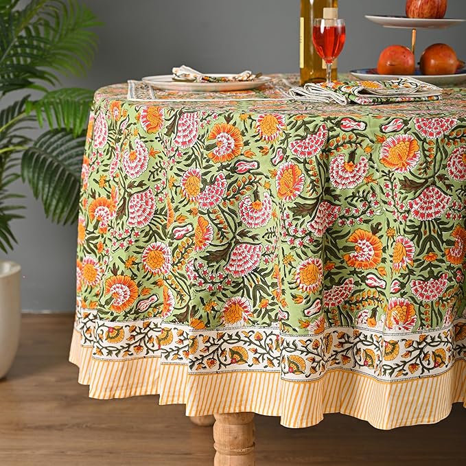 Hand Block Printed Cotton Tablecloth – Elegant Floral Design Perfect for Dining Table Kitchen Parties Home Decor, Wall Tapestry (Daisy Sunshine, 6 Seater 72 Inches Round)