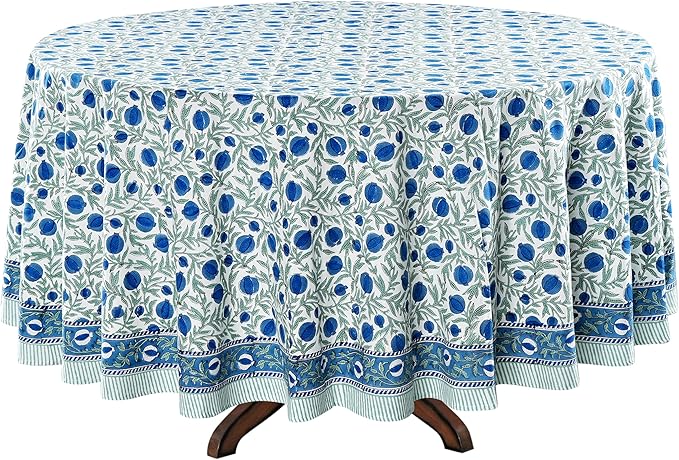 Ridhi Block Print Round Queen Blue Reusable Tablecloth 100% Cotton 90" Inch Decorative Table Cover eveyday Dining, Home, Party, Wedding, Farmhouse Gift for Spring, Easter, Valentine