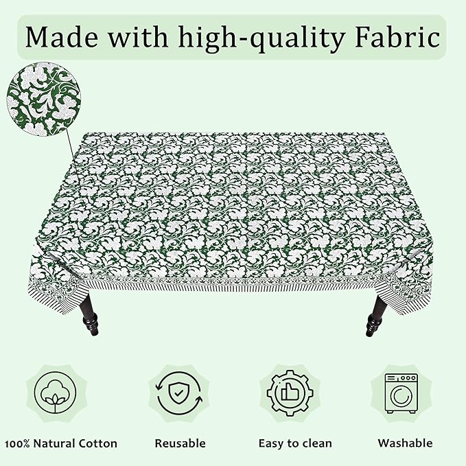 Ridhi Hand Block Print Pantone Artichoke Rectangle Cotton Tablecloth 118" x 70" Reusable Table Cover Decorative Everyday Use for Dining, Farmhouse, Home Gift for Spring, Easter, Valentine