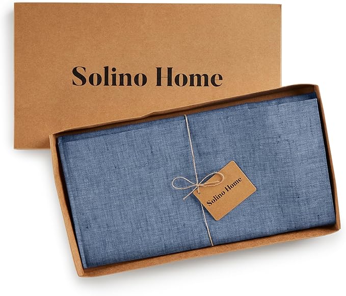 Solino Home Linen Cloth Tablecloth 52 x 52 Inch - 100% Pure Linen Blue Denim Square Tablecloth - Athena, Machine Washable Table Throw for Winter, Spring, Easter