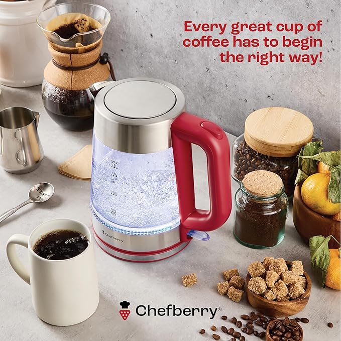 Electric Kettle for Boiling Hot Tea & Water | 1.7L Stainless Steel Borosilicate Glass Boiler With No Plastic, Automatic Shutoff, BPA Free, Fast Heating Technology (Red)