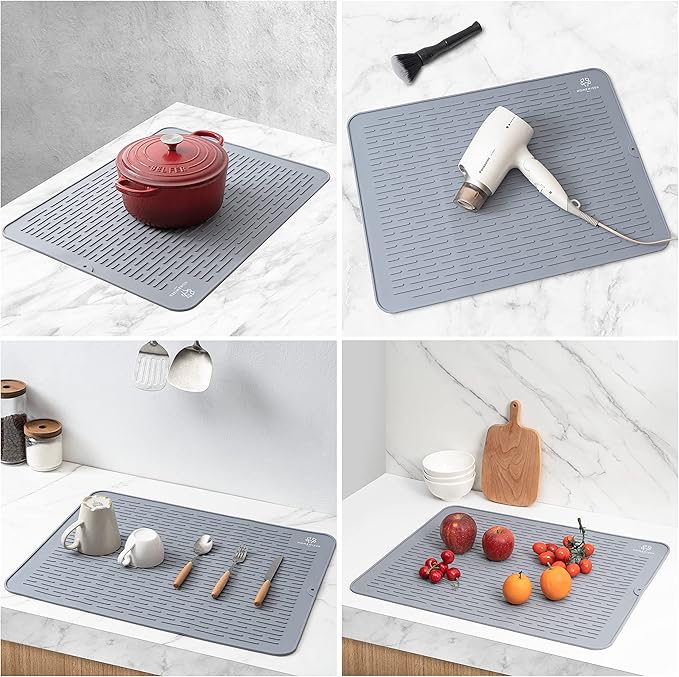 Silicone Dish Drying Mat for Kitchen Counter, Extra Large, 23” x 18” Heat Resistant, Non-Slip Design, Quick Dry, Easy Clean, Raised Edge Holds Water, BPA Free, Food Grade Silicone- Gray