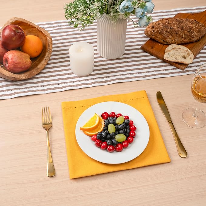 Blue Needles Set of 12 Hemstitch Linen Napkins 100% Cotton Golden Yellow Cloth Dinner Napkins 18x18 inches, Soft Reusable Absorbent Washable, Ideal for Wedding Events, Parties & Everyday Use