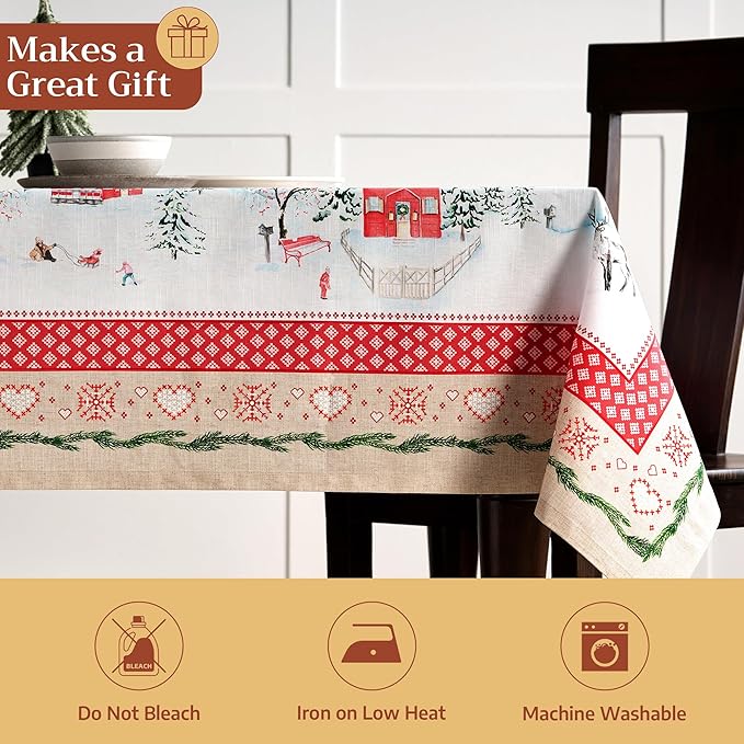 Maison d' Hermine Table Cloth Rectangle Table 100% Cotton 70 x 120 Inches Fall Tablecloth Reusable Everyday Use for Thanksgiving Christmas Decorations Dining Farmhouse Party (Rural Christmas)