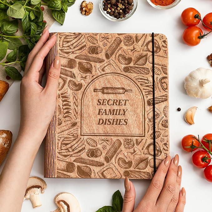 ENJOY THE WOOD Wooden Blank Recipe Book Binder - Personalized Recipe Notebook - Family Cookbook Journal Custom Sketchbook To Write In Organizer by Enjoy The Wood (Pasta, Small (A6))