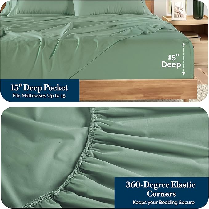 Casa Platino Full Bed Sheets – 100% Cotton Sheets with 4 Pillowcases, Crisp Percale Weave & Cozy Feel, Cooling & Breathable Full Sheet Set with 15" Deep Pocket, Excellent Quality & Fit – Sage Green