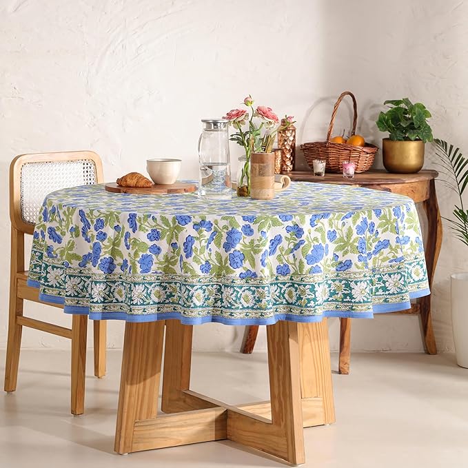 Hand Block Printed Table Cover - Exquisite Design, Premium Cotton Fabric, Perfect for Dining and Decor, Dining Table Linen (Dusky Leaf Whisper, 6 Seater 72 Inches Round)