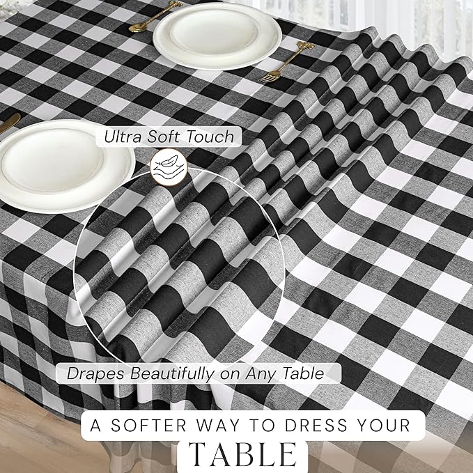 Buffalo Plaid Check 52"x70" Tablecloth 100% Cotton Washable Rustic Rectangle Table Cover Decorative for Gifts, Dining, BBQ, Buffet Parties & Camping - Black
