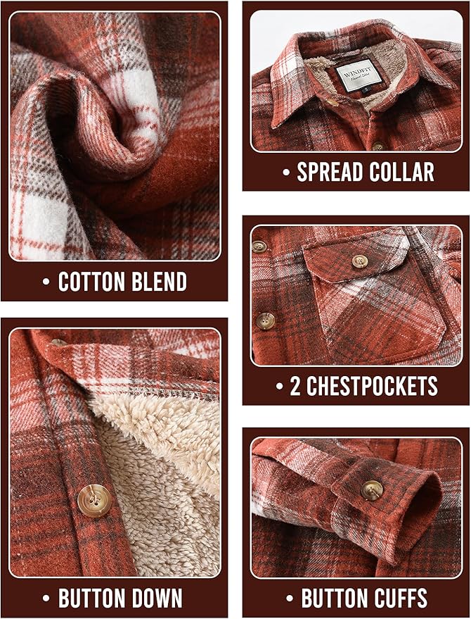 Men's Cotton Sherpa Lined Button Down Flannel Shirt Jacket Plaid Soft Outdoor Flannel Jacket Shirt
