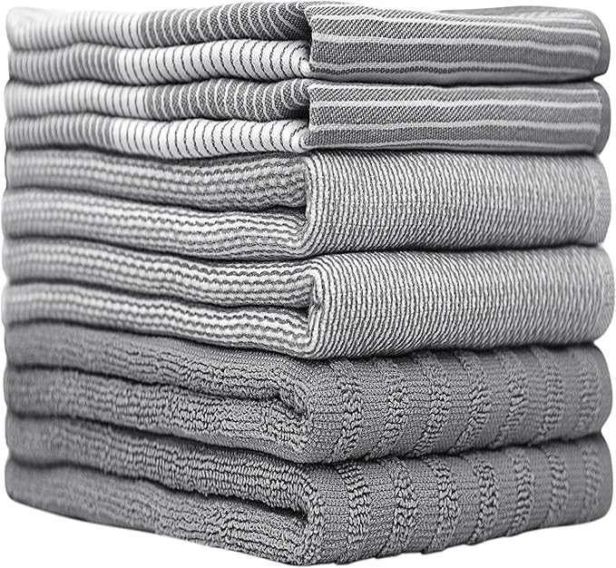 Premium Kitchen Towels (20”x 28”, 6 Pack) | Large Cotton Dish Towels | Flat & Terry Highly Absorbent Kitchen Linen Set with Hanging Loop | Gray