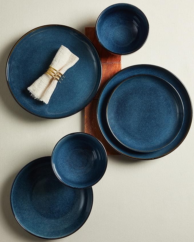 16 Piece Double Bowl Dinnerware Sets with Pasta Bowls, Highly Chip and Crack Resistant Plates and Bowls Sets, Natural Earthyware Ceramic Dishware Sets, Service for 4 Starry Blue