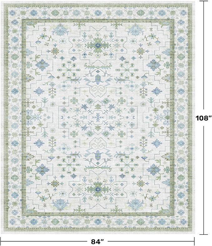Cream Oushak 7x9 Bedroom Rug - Boho Floral Cool Blue and Green, Washable Low Pile Non-Slip Ultra-Thin Large Area Rugs for Playroom, Bed Room, Living Room
