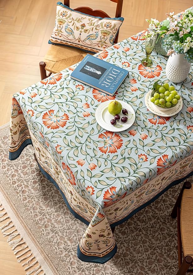Designer French Linen Table Cloth for Rectangle Tables,Vintage Iris Floral Pattern Tablecloth,Colorful Table Cover for Kitchen Dining,Fall Holiday,Thanksgiving, 55x71