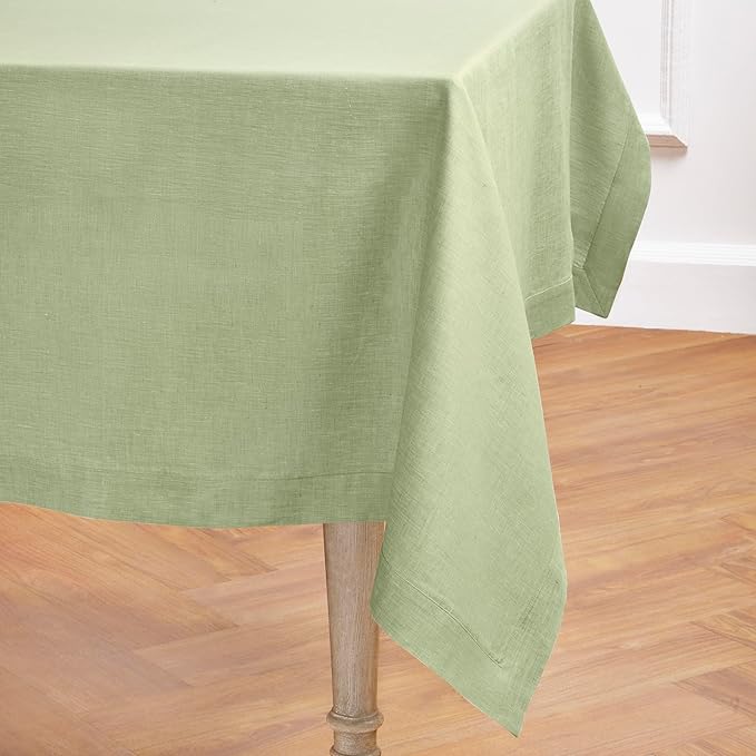 Solino Home Linen Tablecloth 60 x 120 Inch - 100% Pure Linen Chambray Olive Table Cloth for Rectangle Tables - Athena, Machine Washable Tablecloth for Spring, St Patricks Day