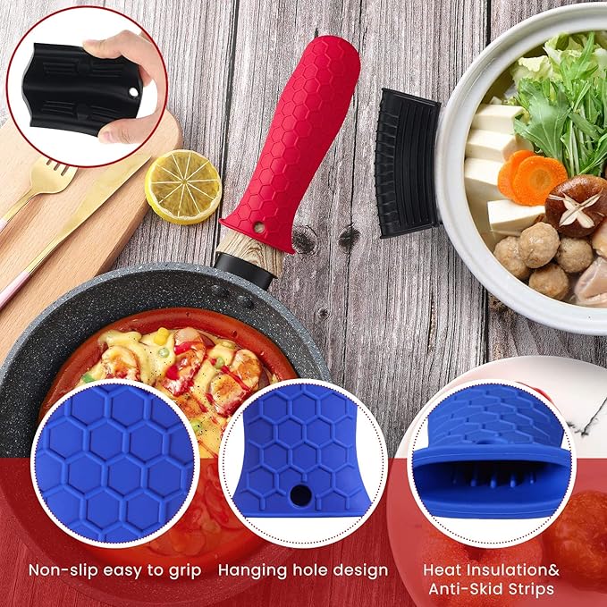Patelai 8 Pcs Silicone Pot Holders Set Cast Iron Handle Cover Heat Resistant Pot Handle Covers Potholder Non Slip Reusable Pan Sleeve for Frying Pan Kitchen Supplies(Blue, Red, Green, Black)