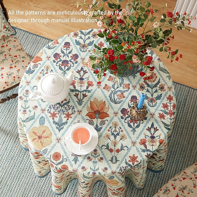 ISAENNE Designer Linen Elegant Round Tablecloth,Colorful Floral Bohemian Table Cloth,Wrinkle Resistant Decor Tablecloths for Dining Thanksgiving Kitchen Christmas,Diameter 67"-Floralsea A