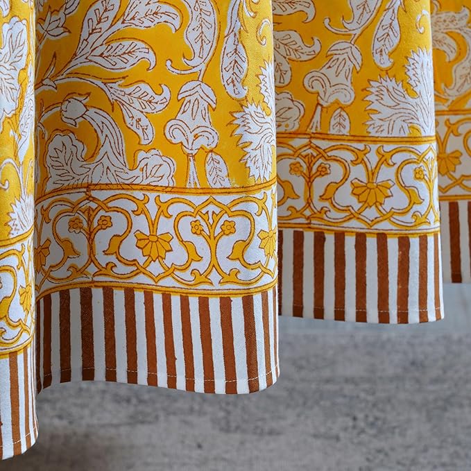 Ridhi Block Print Round Saffron Yellow Reusable Tablecloth 100% Cotton 132" Inch Decorative Table Cover eveyday Dining, Home, Party, Wedding, Farmhouse Gift for Spring, Easter, Valentine