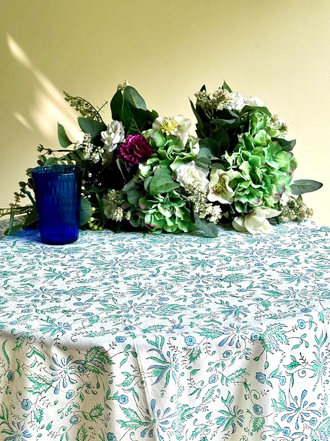 ATOSII Aster Blue 100% Cotton Round Tablecloth, Handblock Print Floral Table Cloth for Kitchen Dining Linen I Parties, Weddings, Outdoors, Easter, Spring Summer Decor I 90" Inches Round