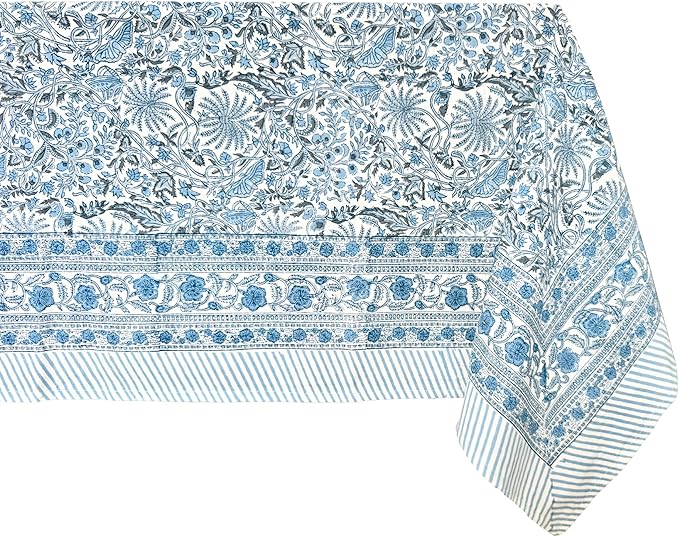 ATOSII Butterfly Blue 100% Cotton Rectangle Boho Fall Tablecloth, Handblock Floral Table Cloth Linen for Kitchen Dining I Parties Christmas Thanksgiving Grandmillenial I 72 X 108 Inches I 8 Seater