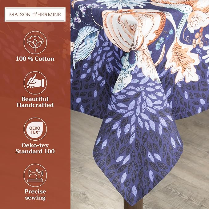 Maison d' Hermine Table Cloth Rectangle Table 100% Cotton 60 x 90 Inches Fall Tablecloth Reusable Everyday Use for Thanksgiving Christmas Decorations Dining Farmhouse Party (Pumpkin Blues)