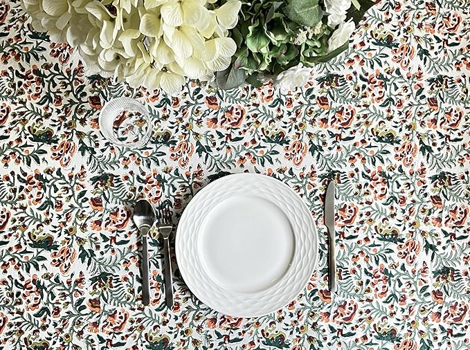 ATOSII Ambrosia Green 100% Cotton Round Tablecloth, Handblock Print Floral Table Cloth for Kitchen Dining Linen I Weddings, Outdoors, Thanksgiving, Christmas I Fall Home Decor I 90" Inches Round