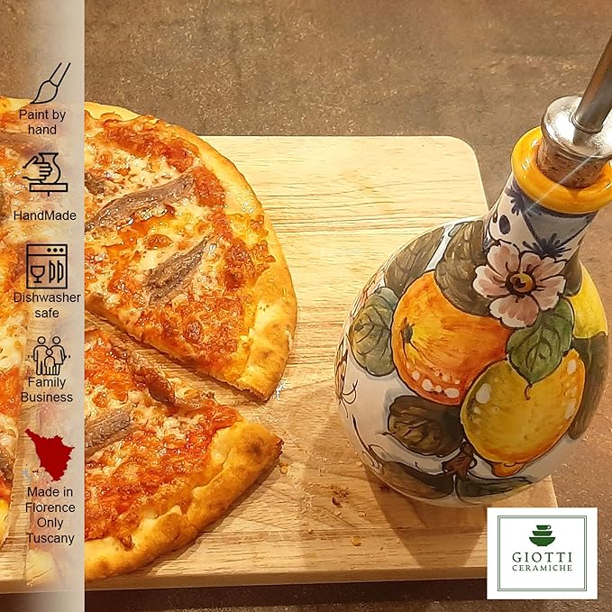 Italian Ceramic Olive Oil Dispenser Bottle - Hand Painted Oil Cruet Lemon Fruits Design for Kitchen - Made in ITALY Tuscany - Italian Pottery