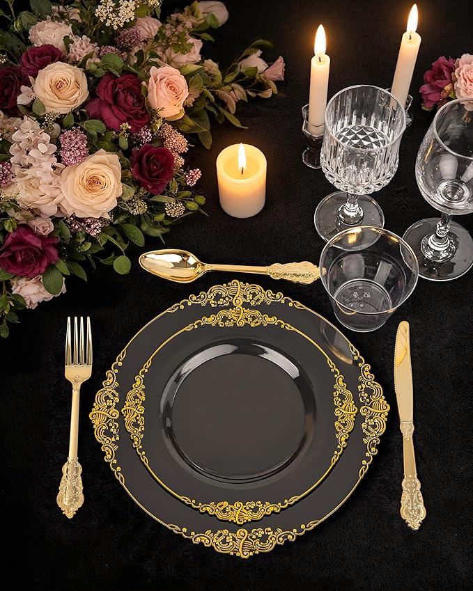 Nervure 175PCS Black Plastic Plates - Disposable Black Gold Party Plates & Pre Rolled Napkins with Cutlery for 25 Guests, 50Plates, 75Silverware, 25Cups, 25Napkin for Wedding & Party