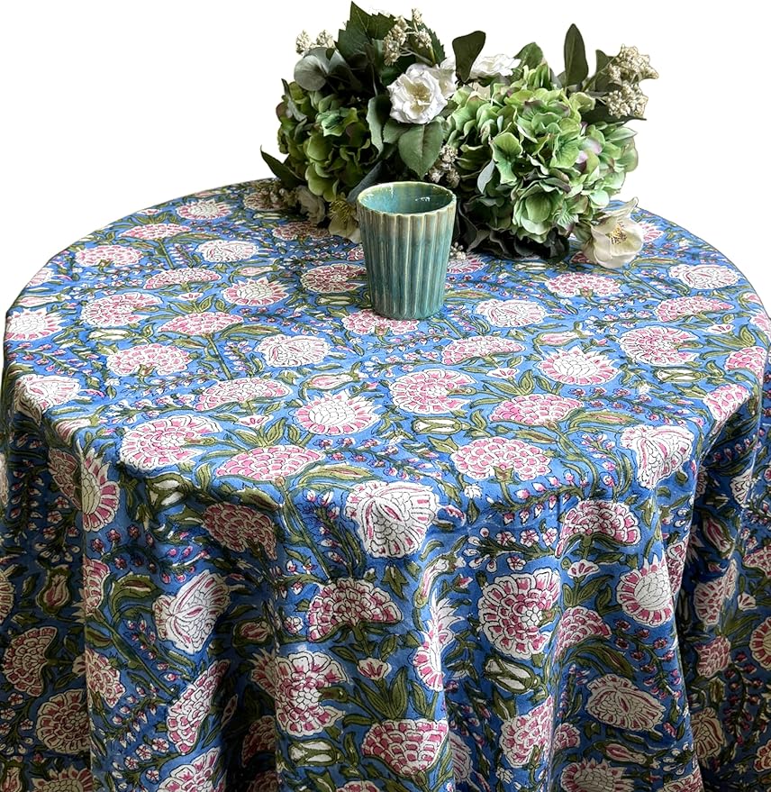 ATOSII Clover Pink 100% Cotton Round Tablecloth, Block Print Floral Table Cloth for Dining, Parties, Weddings, Outdoors, Holidays I 60" Inches, 4 Seater I Grandmillennial Farmhouse Spring Summer