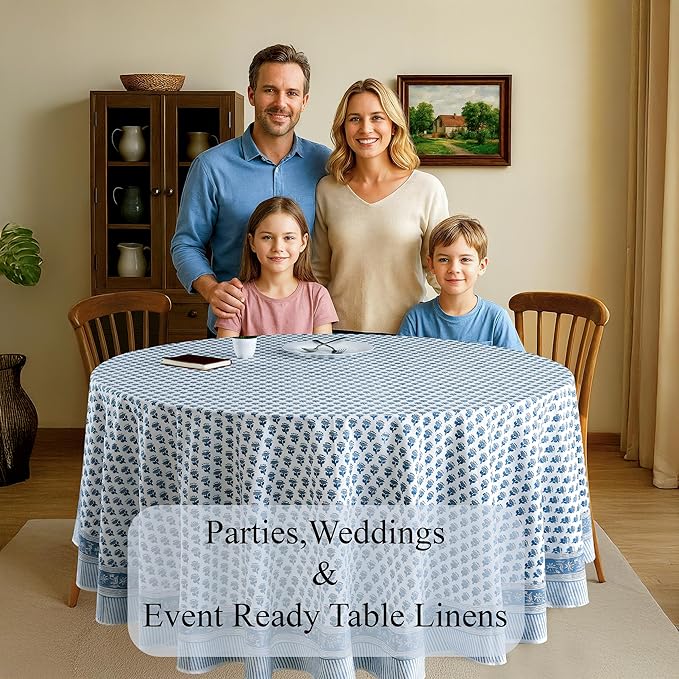 CPC Round Tablecloth- Cotton Indian Block Print Tablecloth -Handmade Printed Washable Cotton Table Cloth - Spring/Summer, Wedding Table Cover - Apatite Blue 132 Inch
