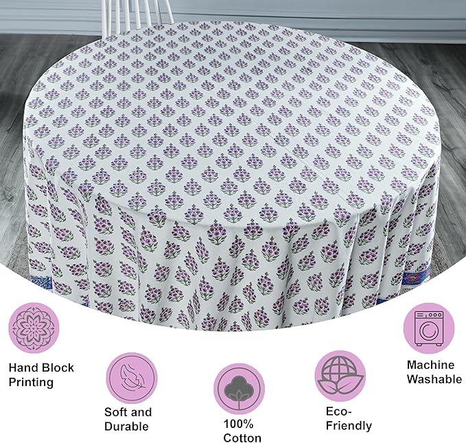 Ridhi Block Print Round Ruddy Blue Reusable Tablecloth 100% Cotton 132" Inch Decorative Table Cover eveyday Dining, Home, Party, Wedding, Farmhouse Gift for Spring, Easter, Valentine